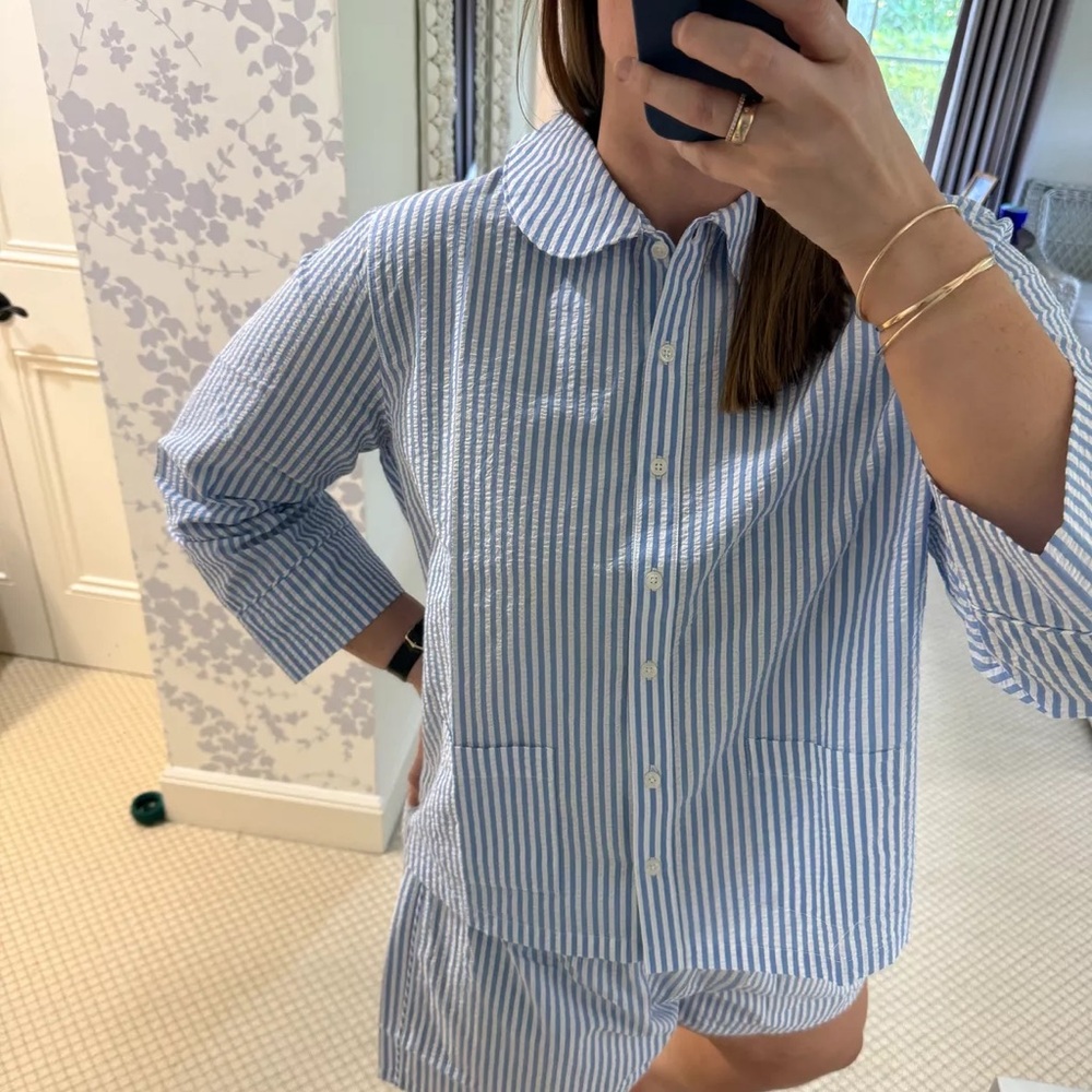LAKE Pajamas Georgie Pocket Shorts Set in Blue Seersucker - Picture 2 of 4
